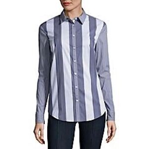 NWT BELLE SKY Button Blue Striped Open Back Top